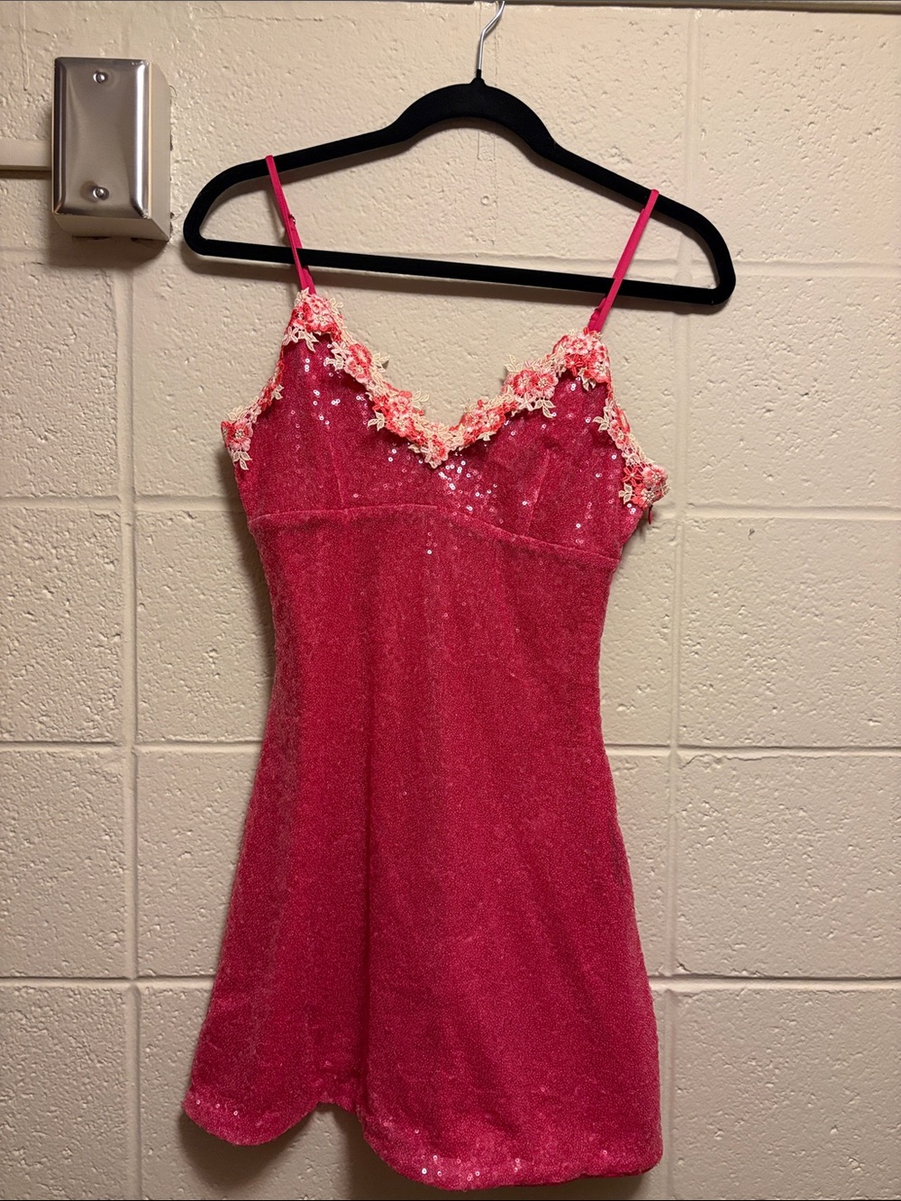 Hello Molly Under Manhattan Stars Hot Pink Sequin Slip Dress with Floral Lace